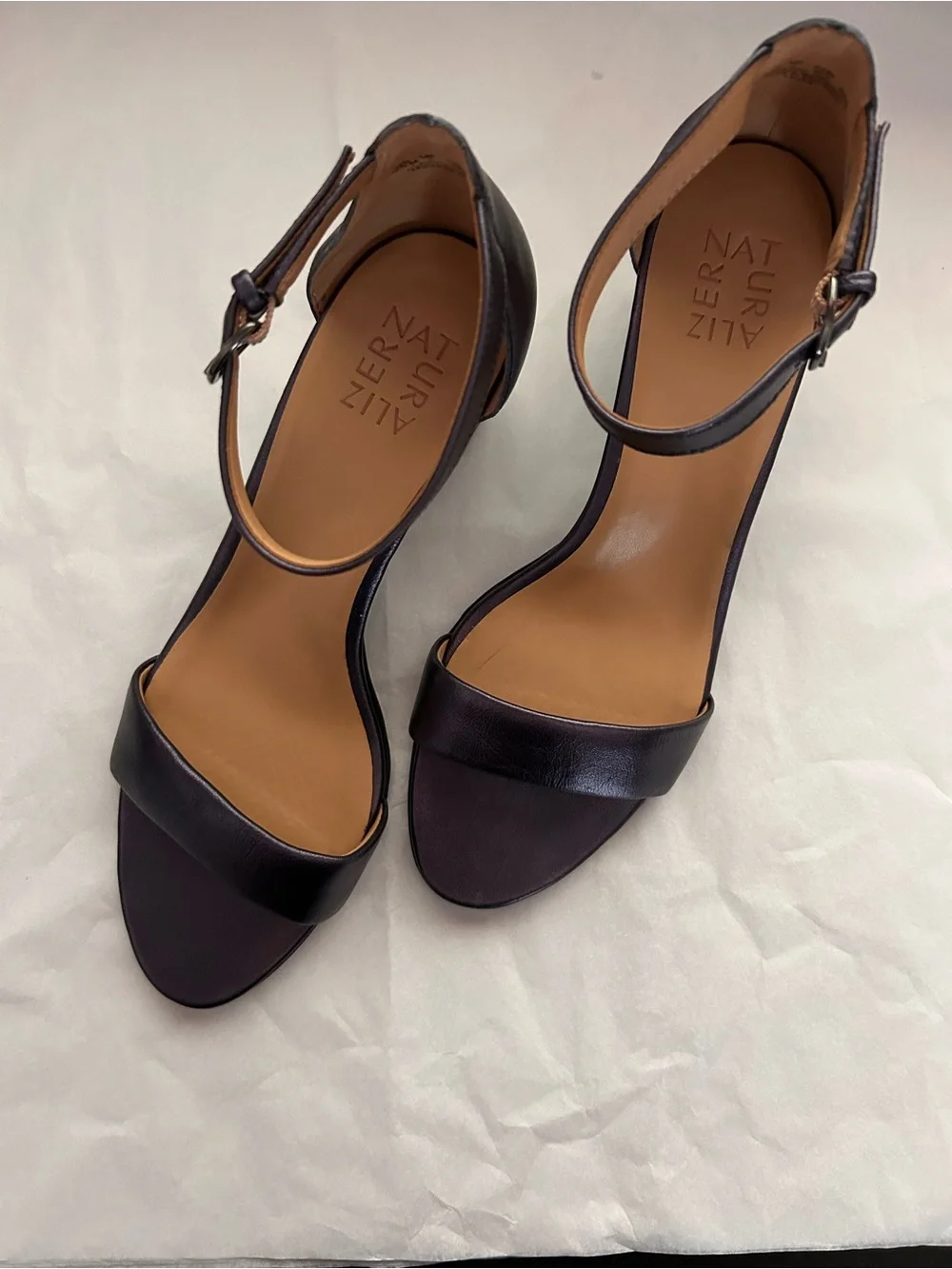Naturalizer, 2 1/2” heel sandal, navy blue genuine leather, ankle strap, 9 1/2 .